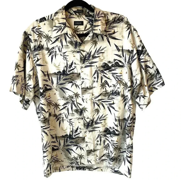 Izod Short Sleeve Silk Button Up Tropical Plant Hawaiian Summer Mens Shirt Sz M - Picture 1 of 6